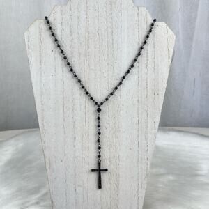 VTG Y2K Black Bead Rosary Style Necklace Dark Silver Tone Black Rhinestone Cross